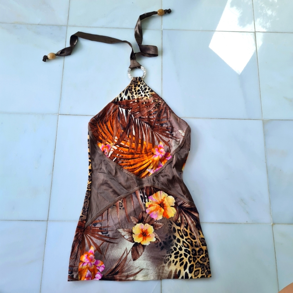 Cavalli Style Tropical Halter Top with Floral and Animal Print S